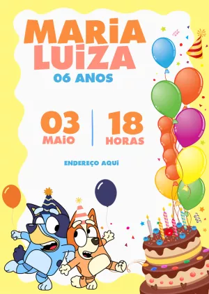 Convite Aniversário Bluey e Bingo para Editar Online
