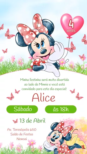 Convite Aniversário Minnie Aquarela para Editar Online