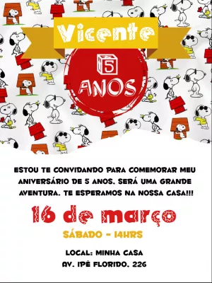 Convite de Aniversário Snoopy para Editar Online Facilmente