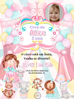 Convite Aniversário Circo Rosa com Foto para Editar Online