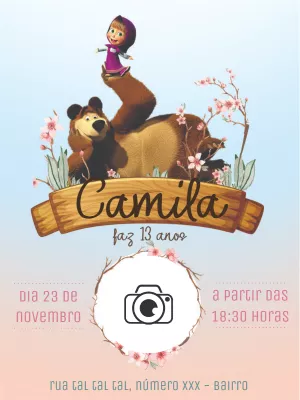 Convite de Aniversário Masha e o Urso com Foto para Editar