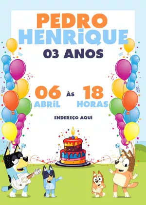 Convite de Aniversário Bluey e Bingo para Editar Online