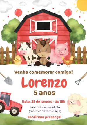 Convite Aniversário Fazendinha com Animais para Editar Online