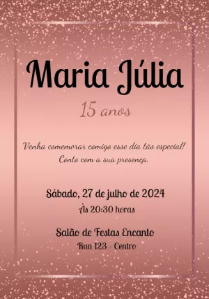 Convite 15 anos Rosê com Glitter para Editar Online