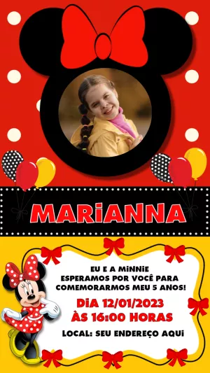 Convite de Aniversário Minnie Mouse com Foto para Editar Online