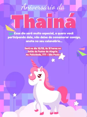 Convite Aniversário Unicórnio Menina para Editar Online