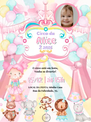 Convite Aniversário Circo Rosa com Foto para Editar