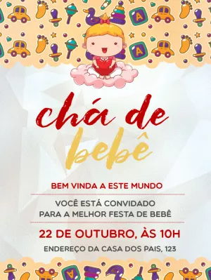 Convite Chá de Bebê Menina com Brinquedos para Editar Online