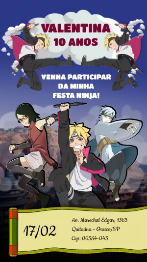 Convite de Aniversário Boruto com Personagens para Editar Online
