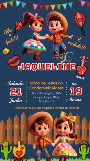 Convite Aniversário Festa Junina com Casal Caipira para Editar