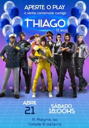 Convite Aniversário Free Fire com Personagens para Editar