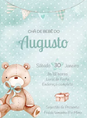 Convite Chá de Bebê Ursinho Aquarela para Editar Online