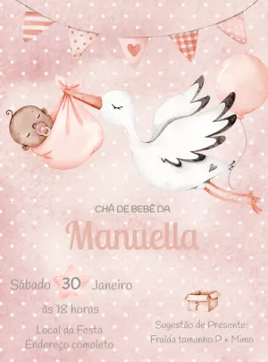 Convite Chá de Bebê Cegonha Aquarela para Editar Online