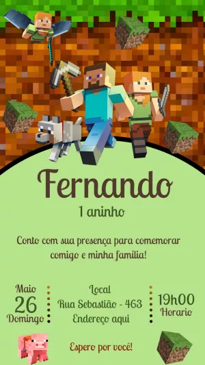 Convite de Aniversário Minecraft com Personagens para Editar