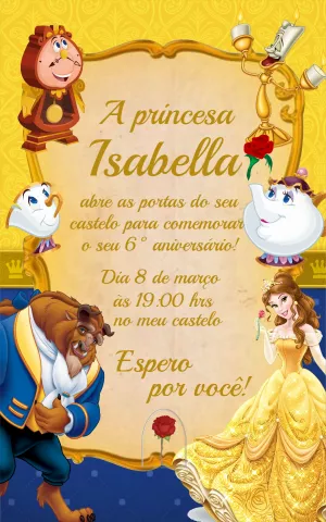 Convite de Aniversário A Bela e a Fera Editável Online