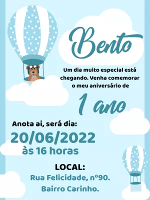 Convite Aniversário Ursinho Baloeiro para Editar Online