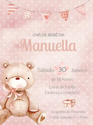 Convite Chá de Bebê Ursinha Rosa Aquarela para Editar Online