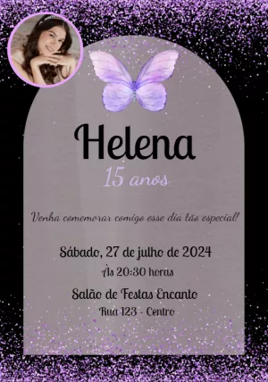 Convite 15 Anos Lilás com Borboleta e Foto para Editar