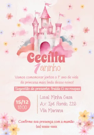 Convite Aniversário Castelo Princesa Rosa para Editar Online