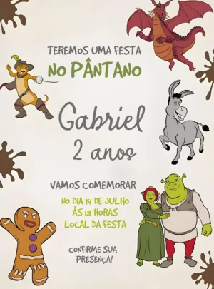 Convite de Aniversário Shrek com Personagens para Editar