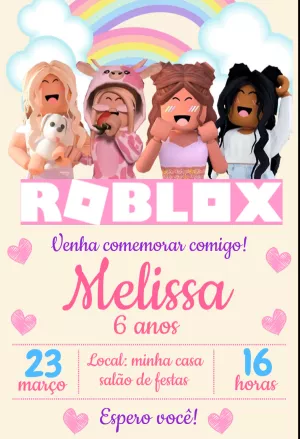 Convite Aniversário Roblox Menina com Personagens para Editar