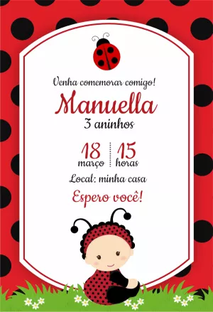 Convite de Aniversário Joaninha Vermelho para Editar Online