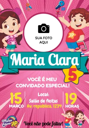 Convite Aniversário Maria Clara e JP com Foto para Editar Online