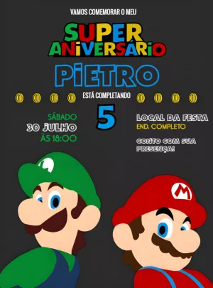 Convite Aniversário Super Mario com Personagens para Editar Online
