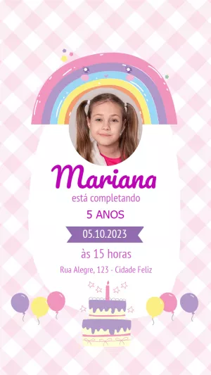 Convite Aniversário Arco-Íris com Foto para Editar Online