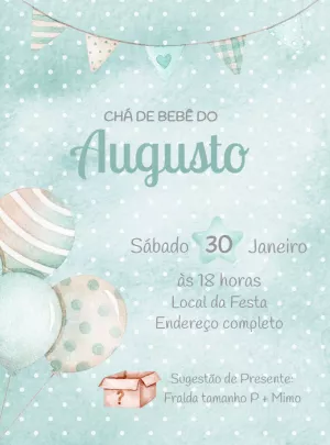 Convite Chá de Bebê Verde Aquarela com Balões para Editar Online