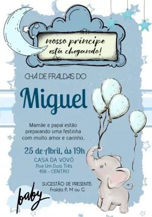 Convite Chá de Fraldas Elefante Azul Editável Online