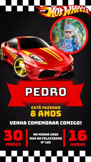 Convite de Aniversário Hot Wheels com Foto para Editar Online