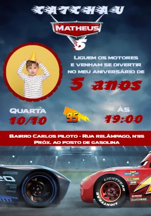 Convite de Aniversário Carros com Foto para Editar Online