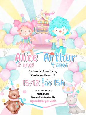 Convite Aniversário Duplo Circo com Palhacinhos para Editar