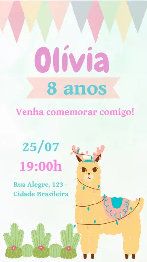 Convite de Aniversário Lhama Fofa para Editar Online
