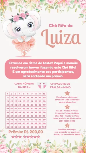 Convite Chá Rifa Elefantinha Bailarina para Editar Online