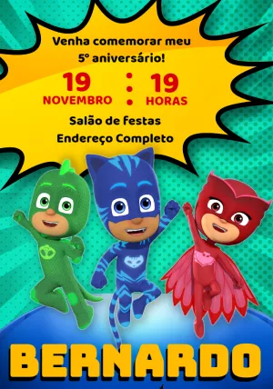 Convite de Aniversário PJ Masks com Personagens para Editar