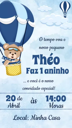 Convite Aniversário Ursinho Baloeiro para Editar Online