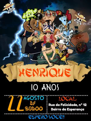 Convite Aniversário One Piece com a Tripulação para Editar Online