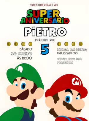 Convite de Aniversário Super Mario Bros Editável Online