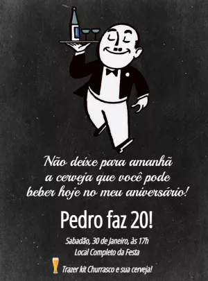 Convite de Aniversário Boteco com Garçom para Editar Online