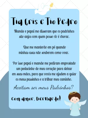 Convite Padrinhos de Batismo Anjinho Azul para Editar Online