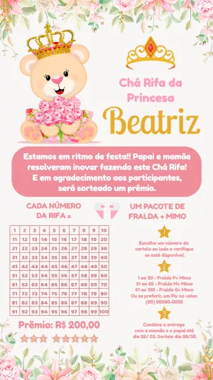 Convite Chá Rifa Ursinha Princesa Editável para Enviar Online