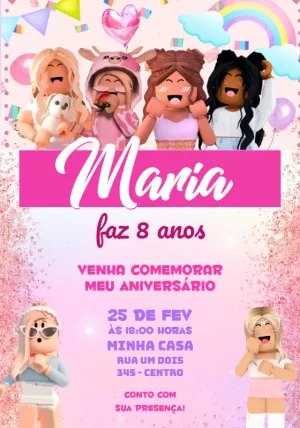 Convite de Aniversário Roblox Rosa para Meninas Editável Online
