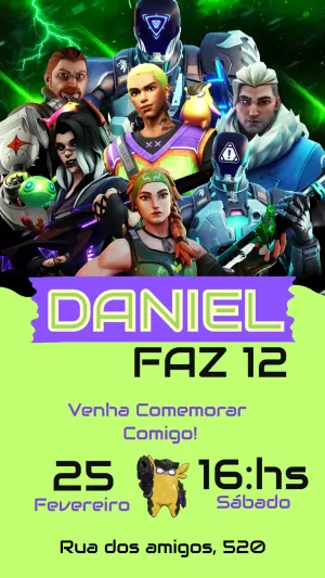 Convite de Aniversário Valorant com Gekko para Editar Online