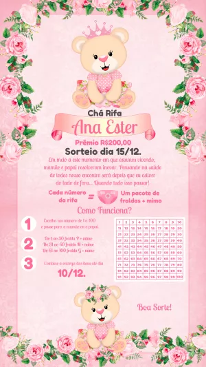 Convite Chá Rifa Ursinha Realeza Editável Online