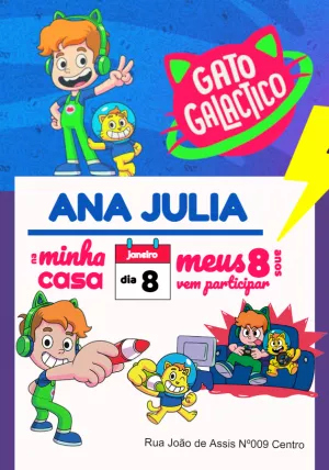 Convite de Aniversário Gato Galáctico para Editar Online