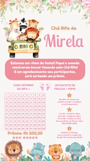 Convite Chá Rifa Safari com Animais para Editar Online