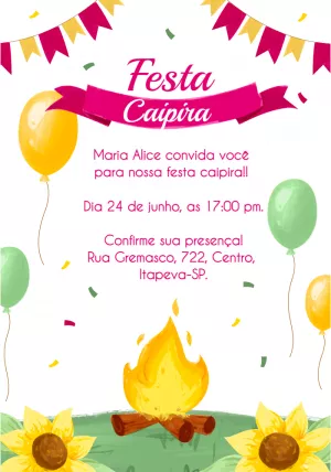 Convite Aniversário Arraiá com Fogueira para Editar Online
