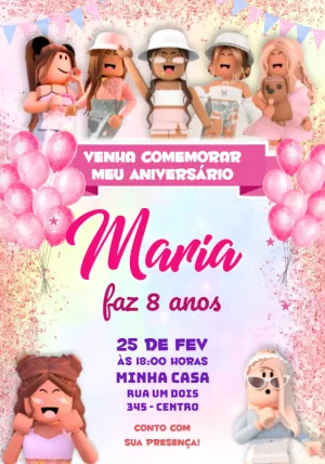 Convite Aniversário Roblox Girl Rosa para Editar Online